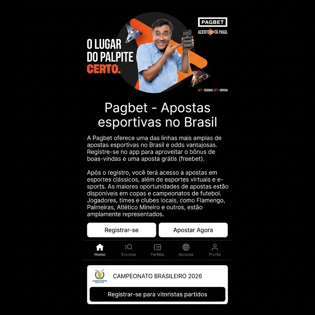 Interface do app Pagbet com menu inferior fixo, apostas ao vivo, cassino e promoções em design intuitivo